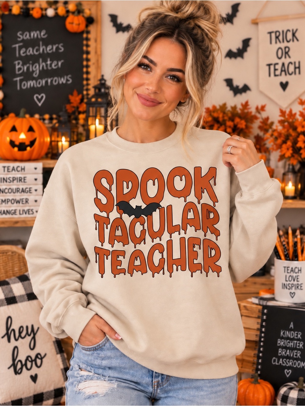 Spooktacular Teacher Halloween Sweatshirt - Cream